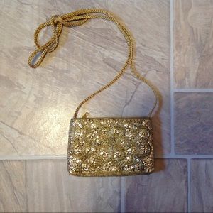 VINTAGE LA REGALE LTD BEADED SEQUIN GOLD BAG 1950s